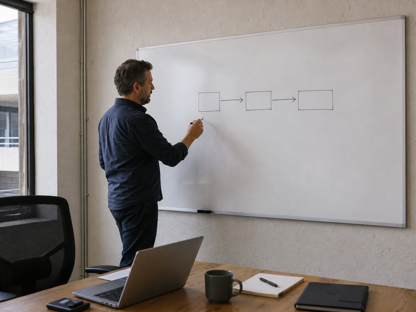 A man at a whiteboard beside a single three-step diagram on an otherwise clean board.